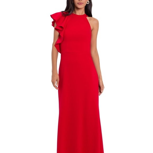 Betsy and Adam One Shoulder Red Halter Gown - Picture 1 of 7
